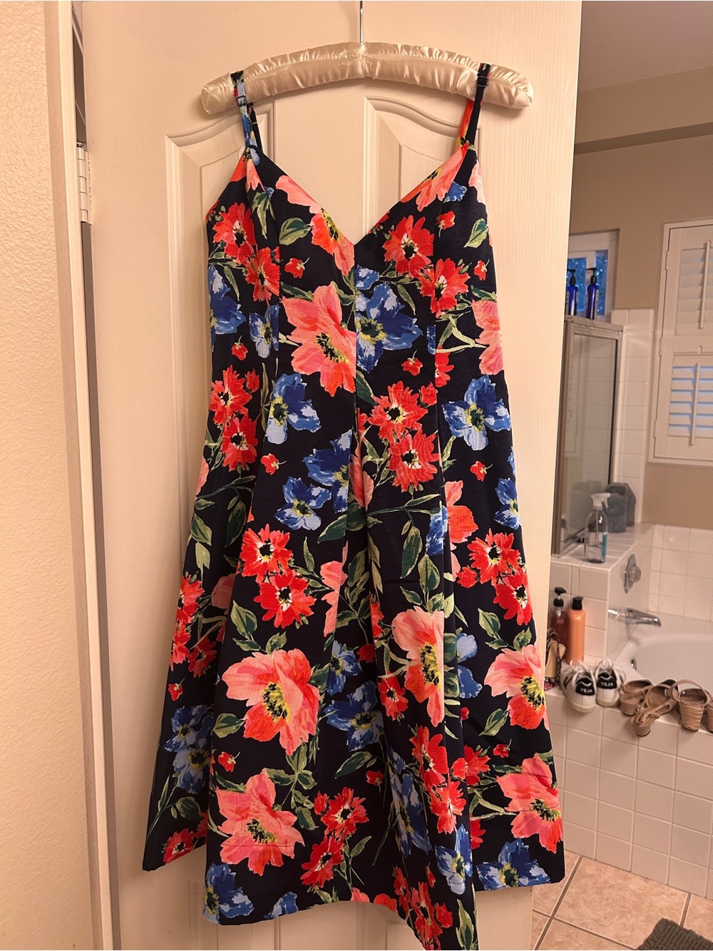 Eliza J Black Midi Dress with Red, Pink & Blue Floral Print